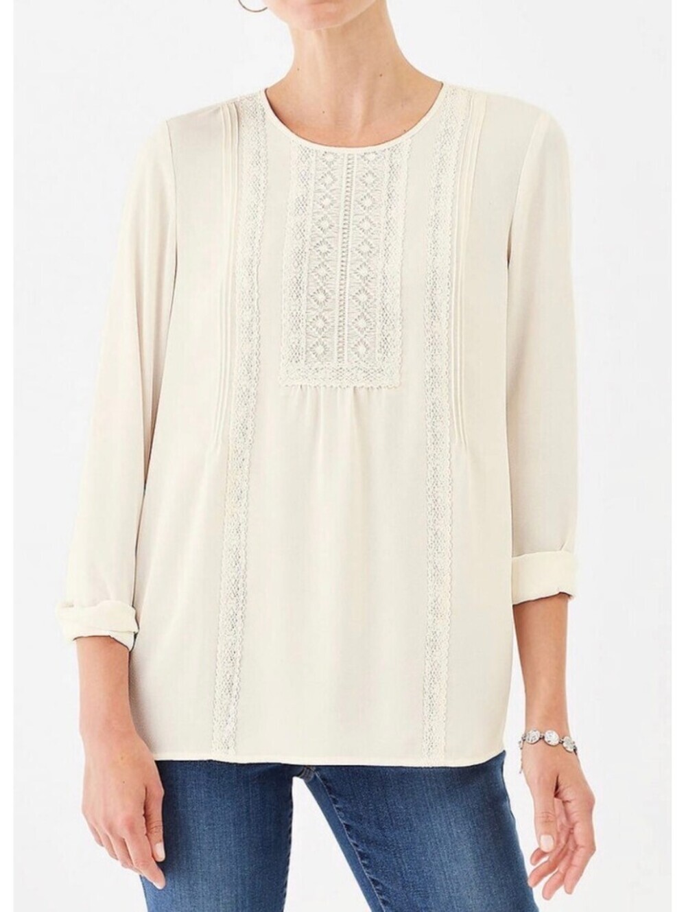 J.Jill Cream Lace Trim Pintucked Blouse - Women's Medium NWOT